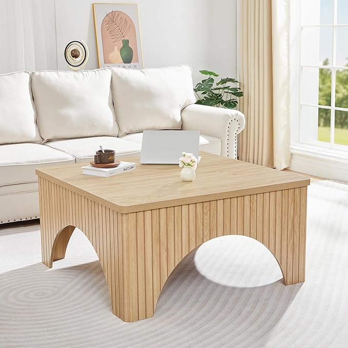 39'' Square Coffee Table with Storage, Farmhouse Lift Top Coffee Table for Living Room Fluted Wood Center Table Arched Dining Table with 2 Hidden Storage Compartment (Natural)