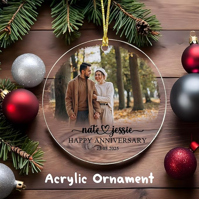 Personalized Couple Photo Ornament – Custom Names, Place & Date Acrylic or Glass Ornament Keepsake 2025