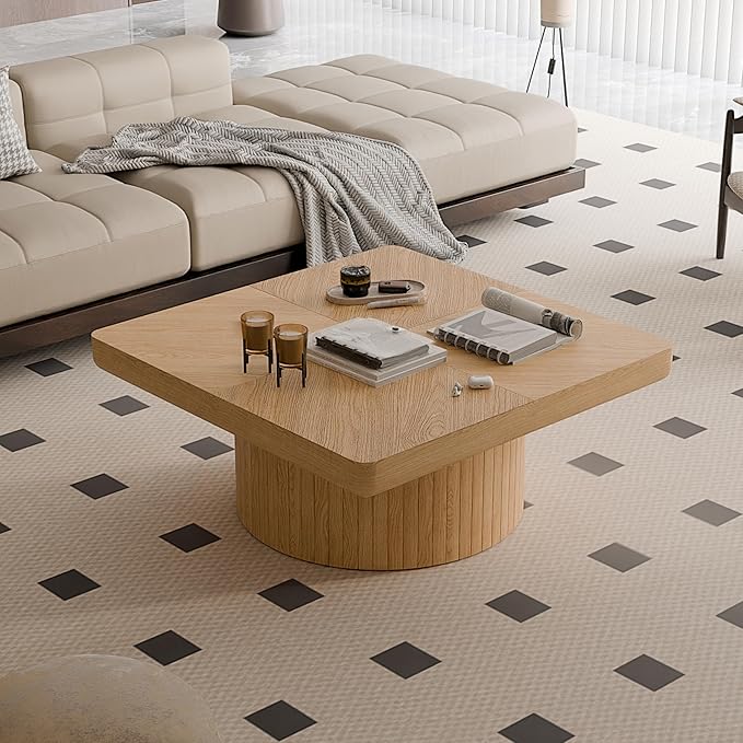 Square Coffee Table with Round Wood Pedestal Coffee Tables for Living Room, Modern Rustic Center Table Easy Assembly Natural-ø34.6"&ø34.6 ø14.9