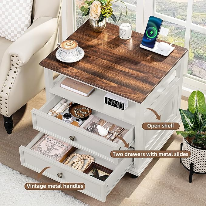 Farmhouse Nightstand Set of 2 with Charging Station, 24" Wide End Table with 2 Drawers,Dresser for Bedroom,Bed Side Table Chest of Drawers Cabinet,Wood White Night Stand for Living Room