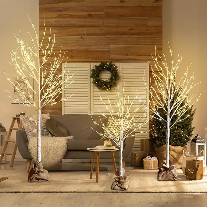 Outdoor Christmas Decoration Lighted Birch Tree, 3 Packs LED Prelit Light up Tree with Burlap Decor, Warm White, Power Supply by Adaptor, Xmas New Year Indoor&Outdoor Decor(4FT&5FT&6FT)
