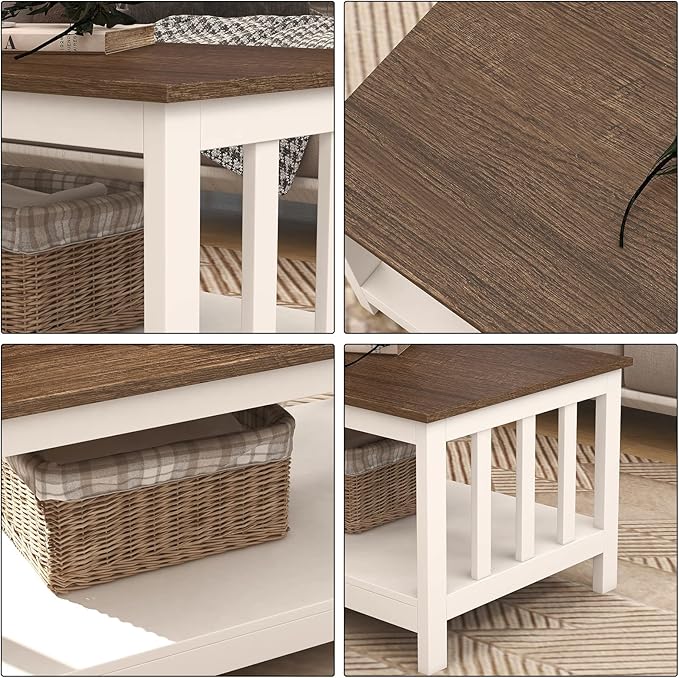 ChooChoo Farmhouse Coffee Table, White Living Room Table with Shelf, 40 Inch