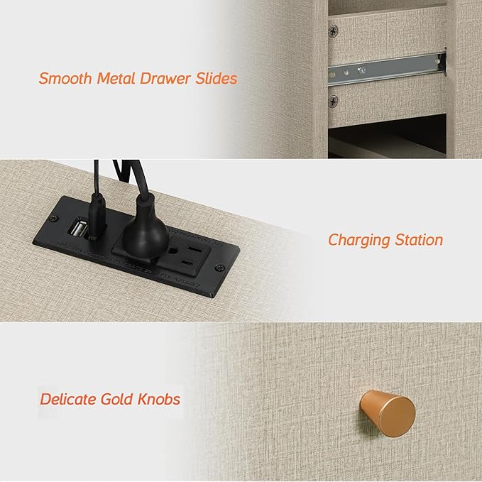 WAMPAT Bedside Table with Charging Station, 2 Drawers, 2 AC Outlets and 2 USB Ports, Nightstand for Bedroom, Modern Mid-Century End Table with USB Hub for Living Room, Beige Linen Printed Finish