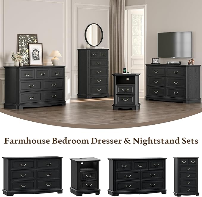 Farmhouse Nightstand with Charging Station, 18" Side Table with 2 Storage Drawers, Rustic Wood Night Stand with Metal Handle, Wooden Bedside End Table Small Dresser for Bedroom, Living Room, Black