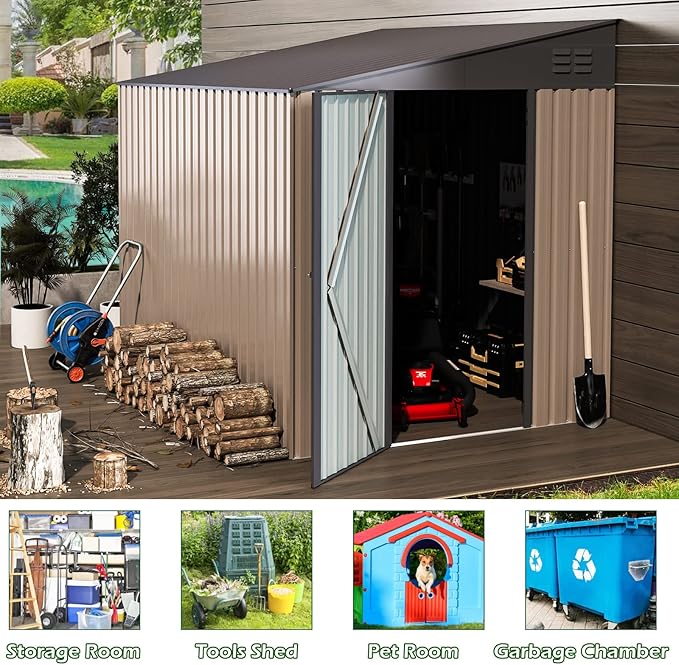 AECOJOY 6' x 8' Lean to Storage Shed, 8x6 Outdoor Storage Cabinet Shed Metal Wall Side Storage Sheds & Outdoor Storage, Garden Storage Cabinet for Backayrd, Patio, Outdoor Use in Grey