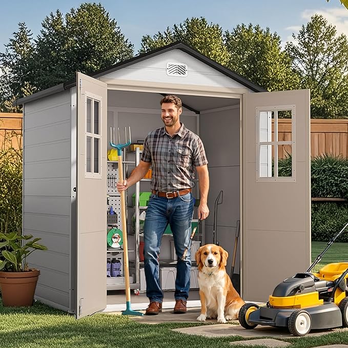 DWVO 6x4.4 FT Outdoor Storage Shed, Plastic Garden Tool Shed with 2 Windows, Double-Wall Outside Shed for Lawn Mower, Garden Tool for Backyard, Patio, Lawn, Lockable, Greige&Gray