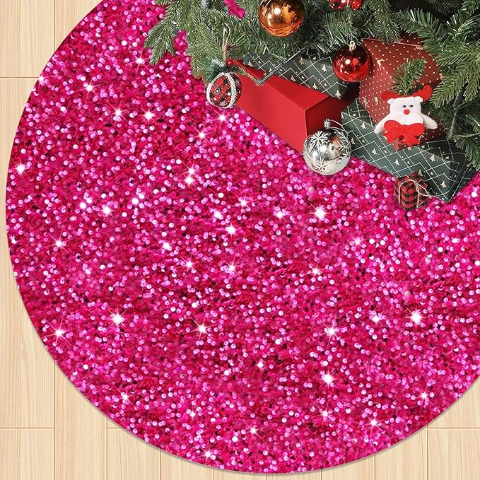 FOTSHARER Tree Skirts 60 Inch Hot Pink Christmas Tree Skirt Sequin Velvet Tree Skirt Personalized Unique Christmas Tree Skirt Pink Xmas Tree Skirt for Artificial Tree for Home Party Holiday Decoration
