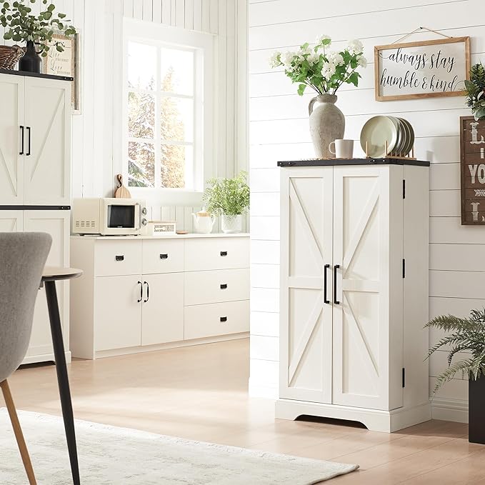 ACCOHOHO 47" Kitchen Pantry, Farmhouse Storage Cabinet with Barn Doors, Organizer and Adjustable Shelves, Rustic Wood Cupboard for Kitchen, Dining Room, Bathroom and Hallway, Off White