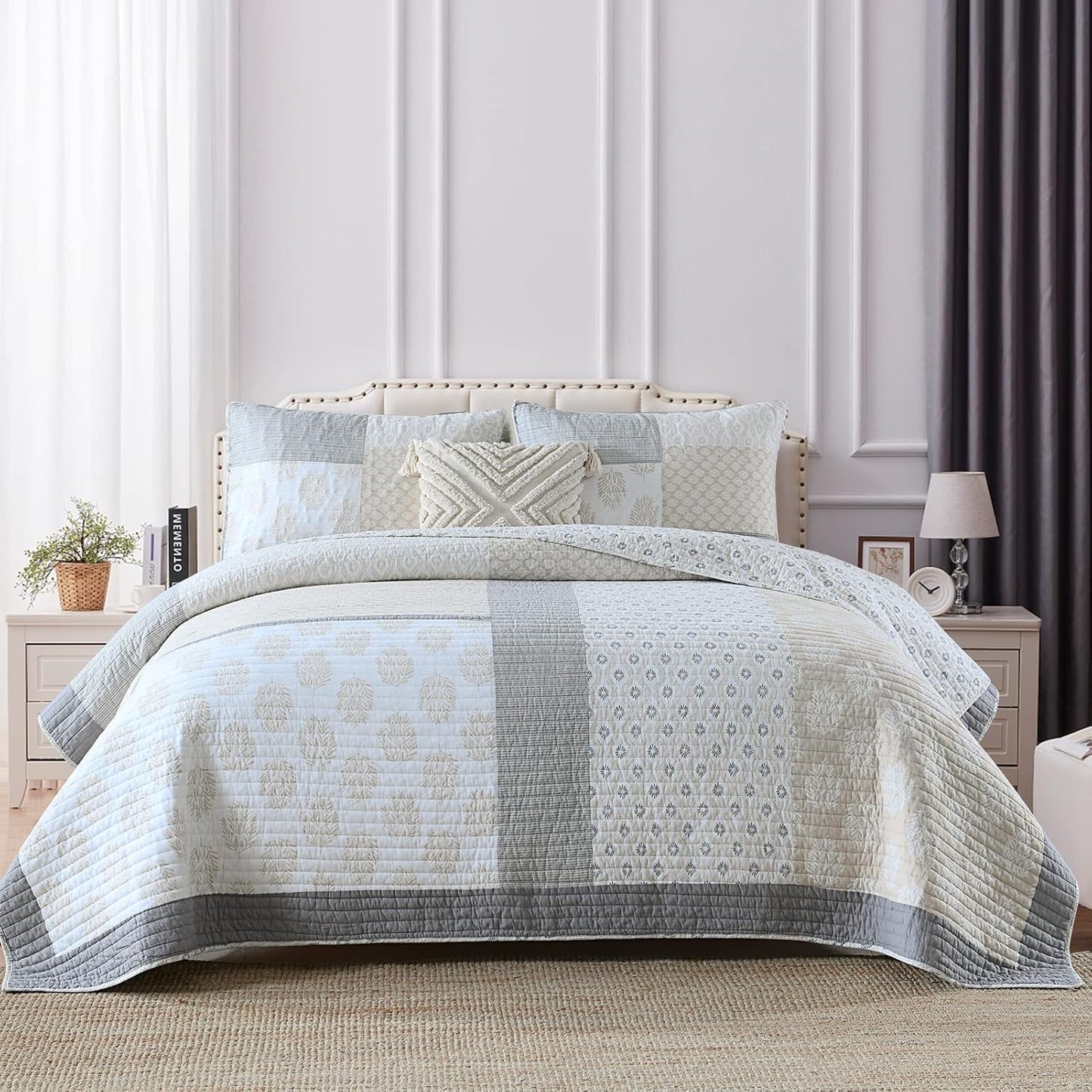 PANGUSHAN Quilt Set Queen Size, 100% Cotton Bedspread Quilt Bedding Set, Floral Patchwork Quilt Set for Queen Bed, Moonbeam Bed Spread, Lightweight Comforter Reversible Quilt, All Season, 3 Pieces
