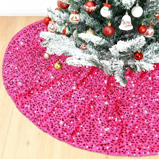 FUHSY Hot Pink Christmas Tree Skirt Sequin Glitter Velvet Tree Skirt 46 Inch Fuchsia Round Tree Skirts Luxury Thick Xmas Tree Mat Sequence Tree Collar for Christmas Tree Indoor Decor