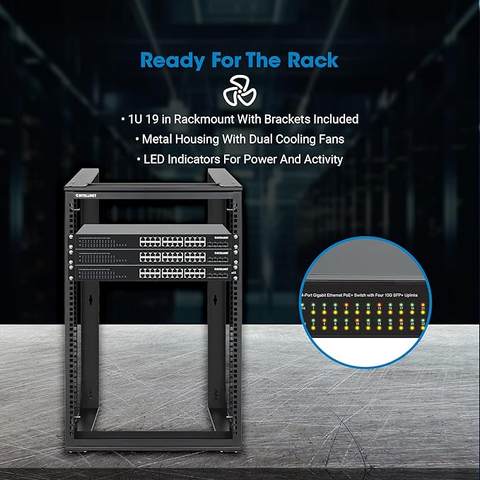 Intellinet 24-Port Unmanaged PoE+ Gigabit Ethernet Switch - 370W Power Budget, 4 x 10 Gbps SFP+ Ports, Rackmount / Desktop, Autosensing Ports, Sturdy Metal - 3 Yr Mf Warranty - 561761