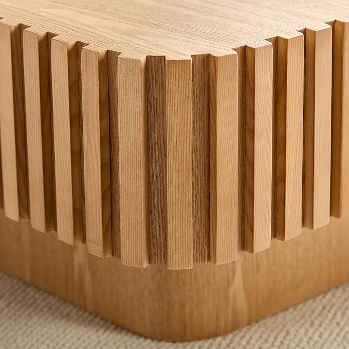 31.5" Square Coffee Table with Sturdy Base, Modern Luxury Wood Drum Center Tables,Small Wooden Accent with MDF, for Living Room, Minimalist Fluted Design-Natural