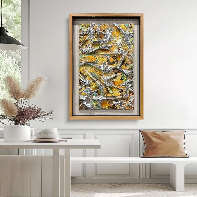 BrightA Textured silver leather abstract art - vibrant spray-painted fluid colors (yellow/orange/green) with solid wood frames, modern wall sculptures, contemporary living room 27.5"x 39.4"