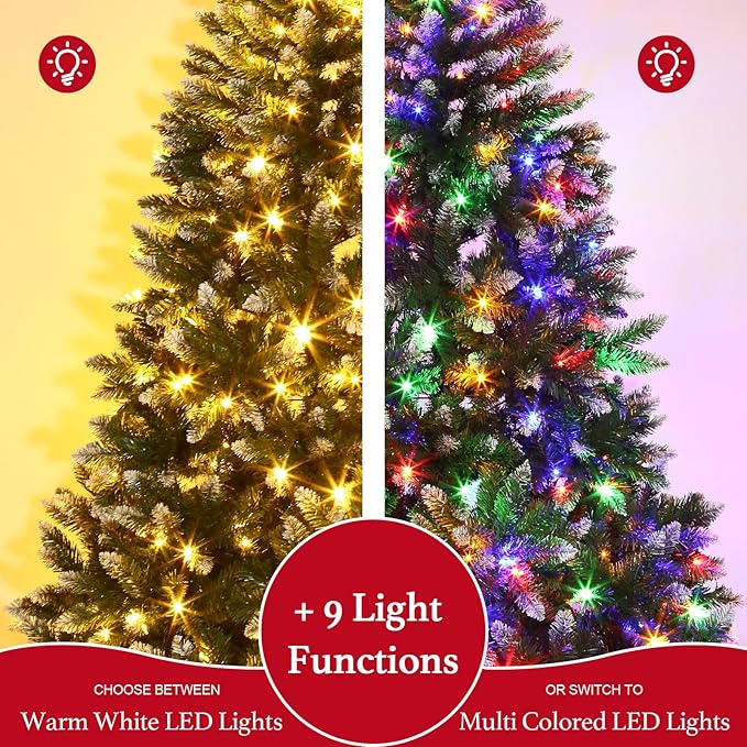 6 FT Prelit Artificial Christmas Tree with 250 Dual-Color LED Lights, 11 Modes Timer, 800 Snowy Tips - Easy Assembly Xmas Tree for Indoor/Outdoor Home Christmas Decorations