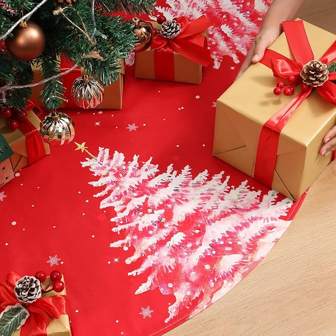 Christmas Tree Skirt 48 Inch, Red Christmas Tree Skirt with Christmas Tree Design, Thick Flannel Fabric, Rustic Farmhouse Xmas Tree Skirt for Holiday Decorations, Indoor Christmas Party