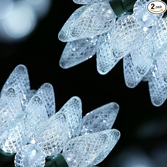 2-Set C7 LED Christmas String Lights, 25.16FT 50 LED Connectable Outdoor Indoor Decorative Light Strand, Cool White Xmas Holiday Lights for House, Christmas Tree, Patio, Party Decoration, UL Listed