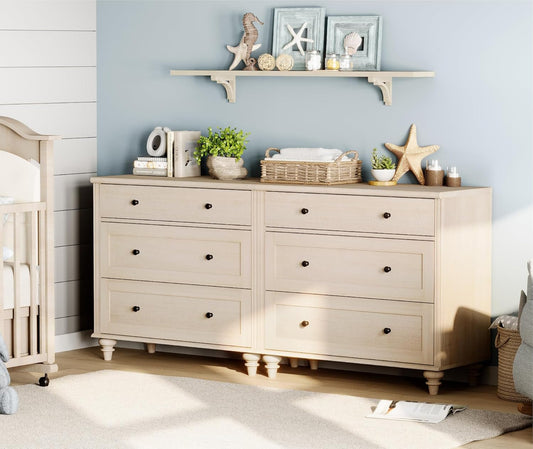 WAMPAT Kids Dresser with 6 Drawers, Baby Dressers with Wide Chest of Drawers, Mid Century Modern Wooden Closet Storage Organizer, Large Wood Dressers for Bedroom, Nursery, Hallway, Beige, 68 inch