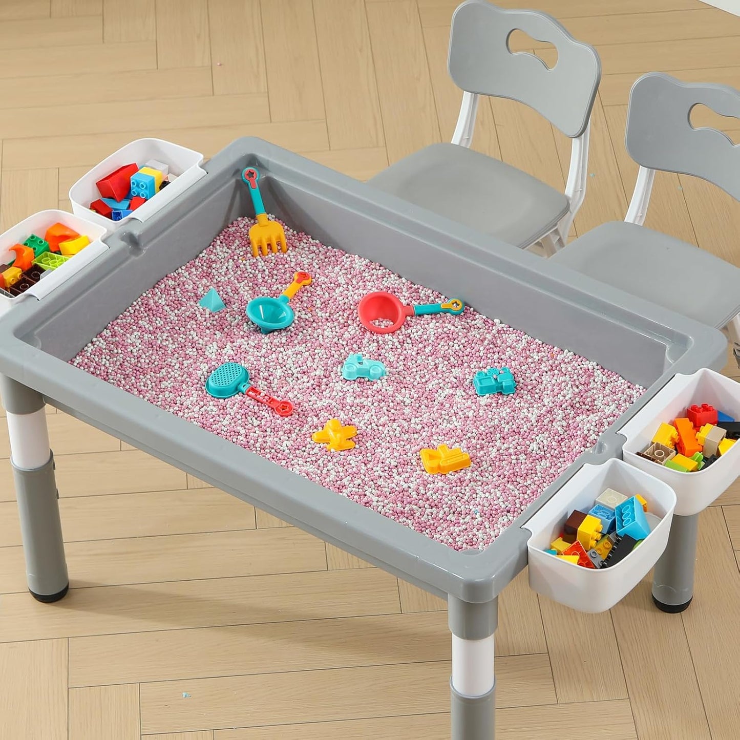 Multi Functional Kids Table and 2 Chairs Set, Graffiti & Building Blocks Double-Sided Tabletop, Toddler Play Table with Drawers, Large Storage Space, Gift for Boys/Girls, Gray