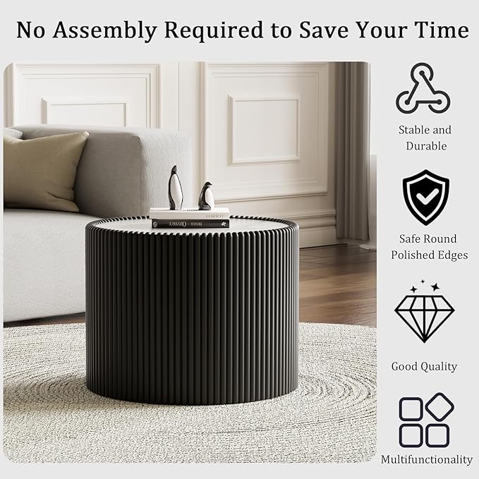 17.71" Black Round Coffee Table, Drum Coffee Table with Sintered Stone Tabletop and Fluted PU Leather Covered and Stable Base, Circle Cocktail Tea Table for Living Room