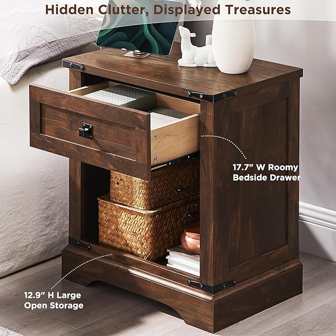 T4TREAM 24" Farmhouse Nightstand with Charging Station Set of 2, Large End Table with Drawer and Open Storage Cabinet, Rustic Wood Bedside Table Sofa Table for Bedroom, Dark Walnut