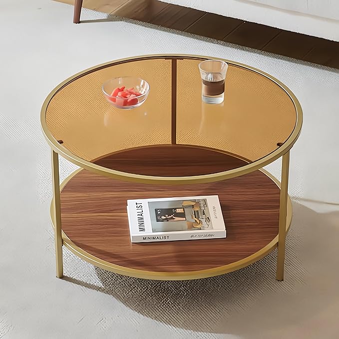 Modern Round Glass Coffee Table with Amber Glass Top, Round Glass Table for Living Room, D30''×H18'', Gold Table Legs Structure & Amber Glass Top