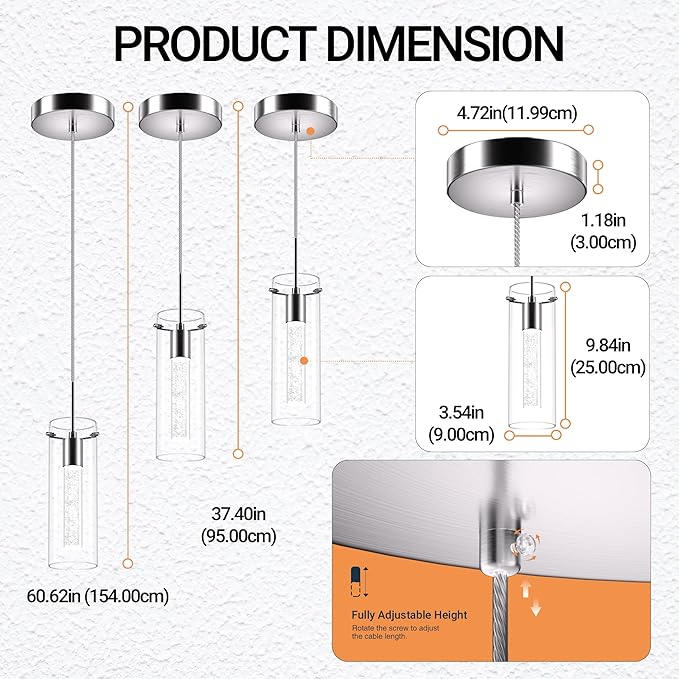 Pendant Ceiling Light Fixture - LED Crystal Pendant Lights for Kitchen Island, Modern Island Light with Bubble Glass - 3 Pack