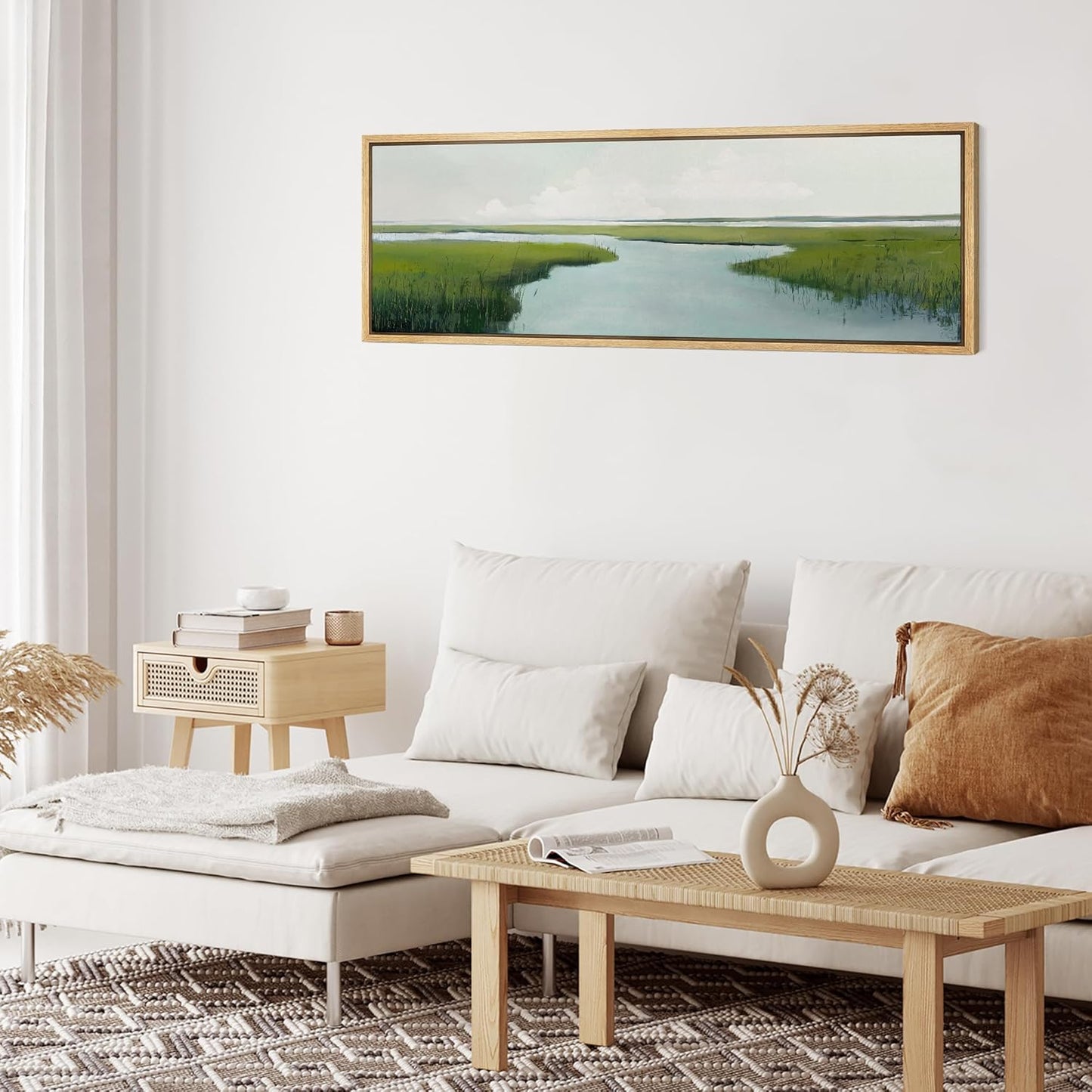 MUDECOR Large Framed Canvas Print Wall Art Serene Marshland Landscape Green and Blue Peaceful Illustrations Antique Retro Fine Art Illustrations Decorative Colorful for Bedroom - 60"x20"