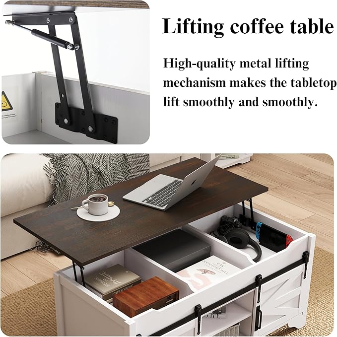 47.64" W Lift Top Coffee Table with Sliding Barn Door Rustic Rectangle Storage Coffee Tables, Wood Center Table with Hidden Storage Compartment for Home, Office, White and Brown
