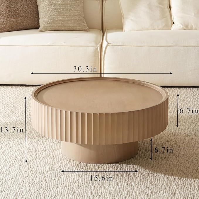 Round Coffee Table with Storage, 30.3” Fluted Drum Modern Living Room Table, Mushroom Shape Wood Gray Center Tables, Accent Coffee Tables for Living Room, Apartment(30.3''L×13.7''H)