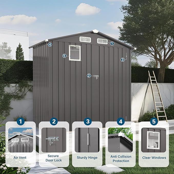 6x3.5 FT Outdoor Storage Shed, Small Metal Garden Shed with Window, Outside Tool Sheds with Lockable Hinged Doors, Waterproof Storage Building with 4 Air Vents for Backyard, Patio, Lawn, Gray