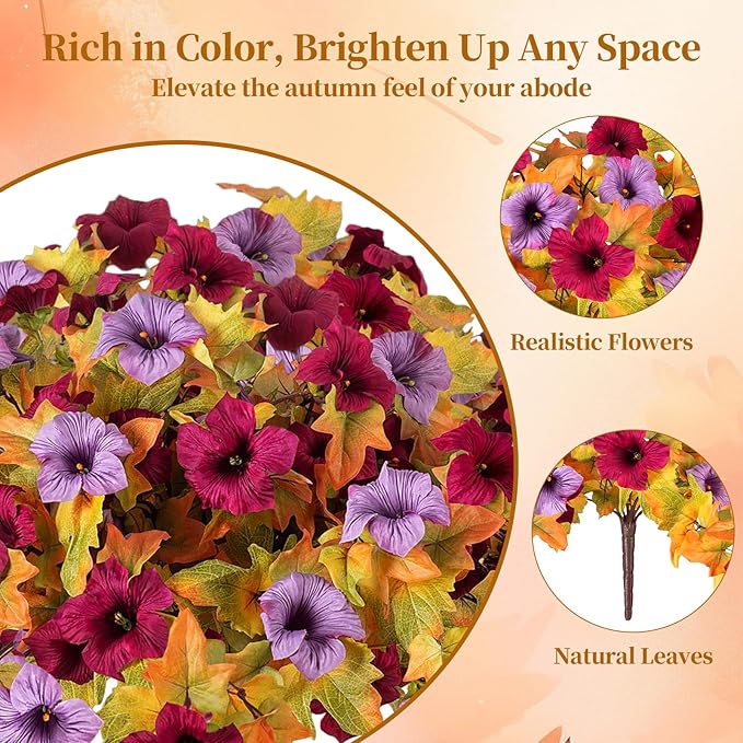 4PCS Artificial Fall Fake Flowers Plants for Outdoor Decoration No Fade Faux Petunias UV Resistant Realistic Autumn Silk Flowers for Home Garden Balcony Yard Porch Deco (Burgundy Purple)