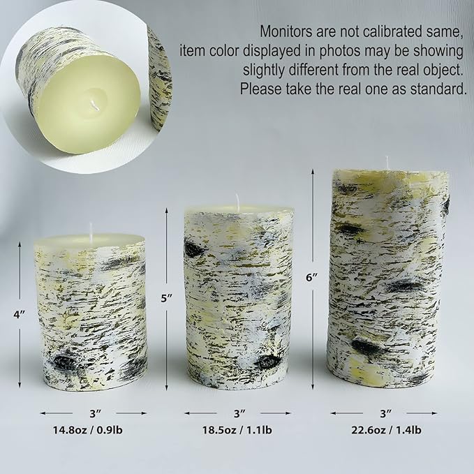 MOZEAL Hand-poured Unscented Candle,Dripless Pillar Candle set of 3,Includes 4", 5" and 6",approx 300 hours Burn Time,Rustic Country Style,for Wedding,Dinner,Christmas,Restaurants and Home decor,Birch