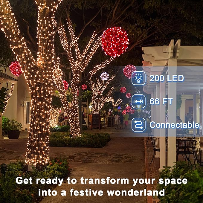 200 LED 66ft Christmas String Lights Indoor Outdoor, 8 Modes Christmas Fairy Lights with Timer & Momory, IP44 Waterproof Christmas Tree Lights for Xmas Patio Yard Fence Balcony Garden (Warm White)