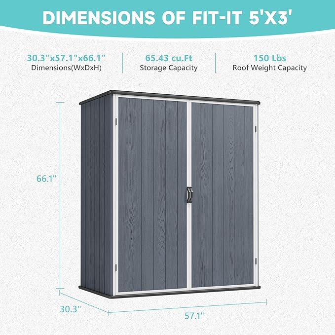 Greesum 5X3FT Plastic Storage Shed with Floor, Resin Outdoor Storaged Sheds with Lockable Door, All-Weather Tool Sheds for Garden, Backyard, Patio, Dark Gray (4.7×2.5FT)