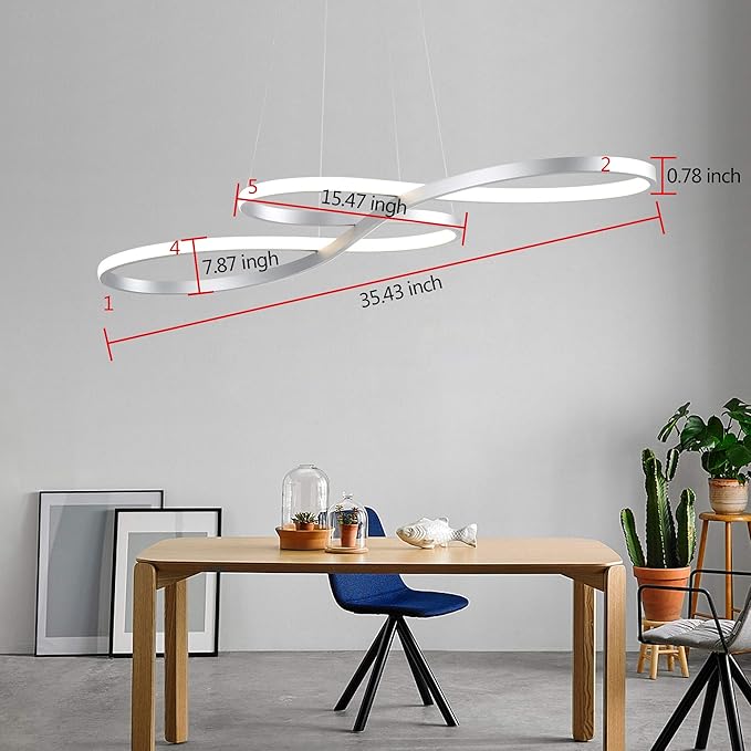 Modern LED Chandelier Dining Room Pendant Light Dimmable Creative Chandelier Remote Control Color/Brightness 3000-6000K Adjustable Hanging Lamp for Bedroom Living Room Kitchen 60W (Silver)