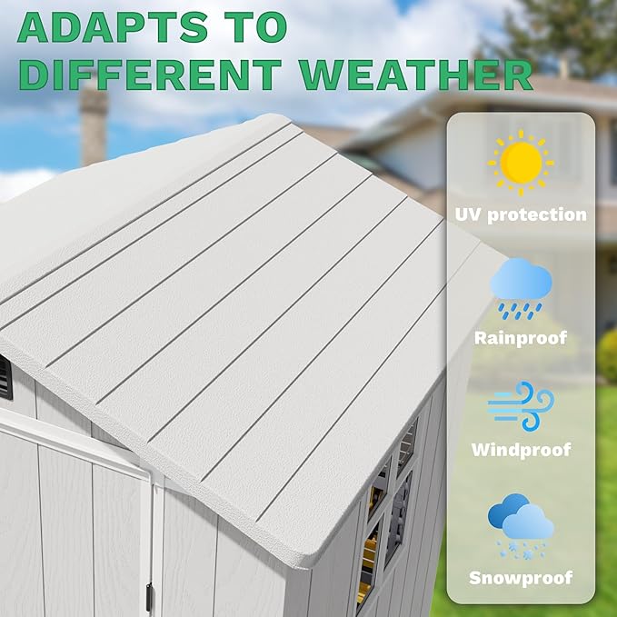 Greesum 4x4FT Plastic Storage Shed with Floor, Resin Outdoor Storaged Sheds with Lockable Door, All Weather Durable Tool Shed with Window and Vent, for Garden, Backyard, Patio, Light Gray