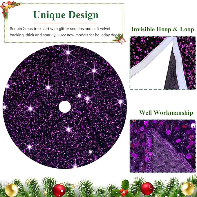 FUHSY Purple Tree Skirt Christmas 48 Inches Sparkly Sequin Tree Skirt Velvet Large Tree Skirts Collar Halloween Tree Skirts Royal Purple Christmas Tree Ornaments for Holiday Party Indoor Outdoor