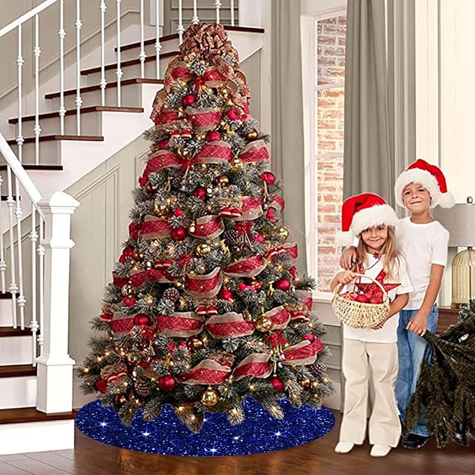 FUHSY Royal Blue Christmas Tree Skirt 48 Inch Sequins Tree Skirts Velvet Fabric Christmas Tree Floor Mat Sparkle Tree Cover Skirts for 6ft Tree Winter Holiday Christmas Decoration Blue Tree Skirt