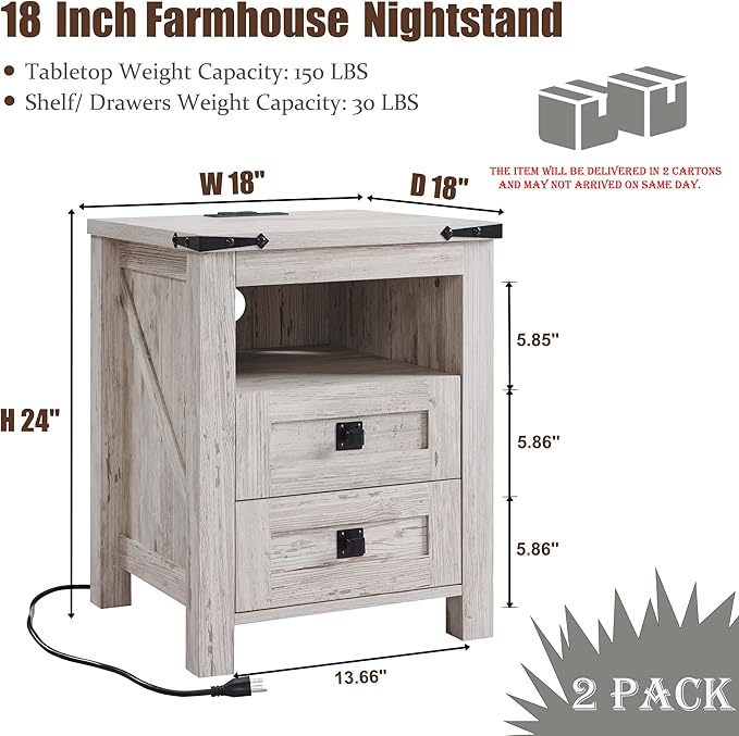 T4TREAM Farmhouse Nightstand Set of 2 with Charging Station, Rustic End Table with 2 Drawers, Storage Open Shelf for Bedroom, Living Room, Wood Side Table, Antique Brush White