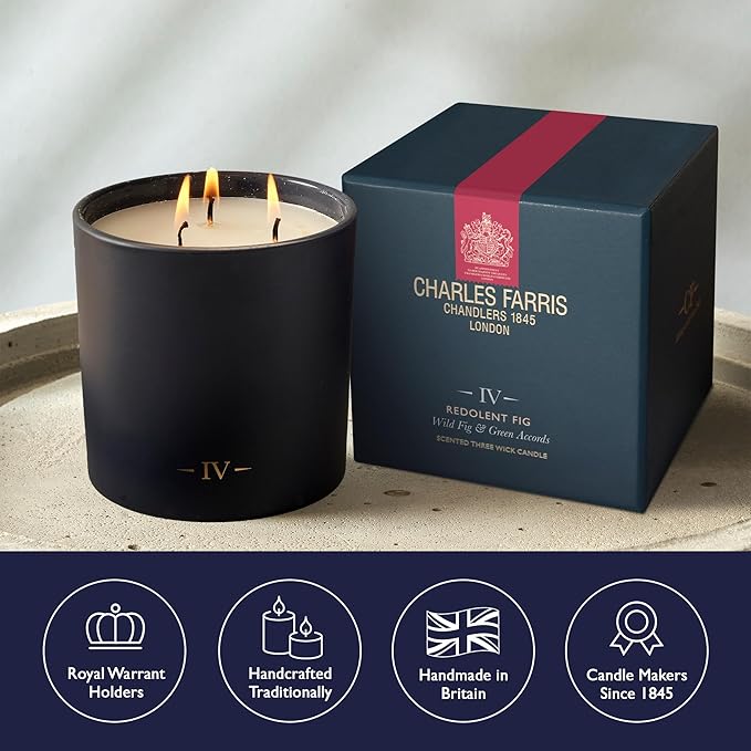 Charles Farris Luxury Scented Candle – 3 Wick, Hand-Poured, Long Lasting, Clean Burning, 640g / 22.5oz, Up to 80 Hours of Burn Time, Made in England – Wild Fig & Green Accords – Redolent Fig