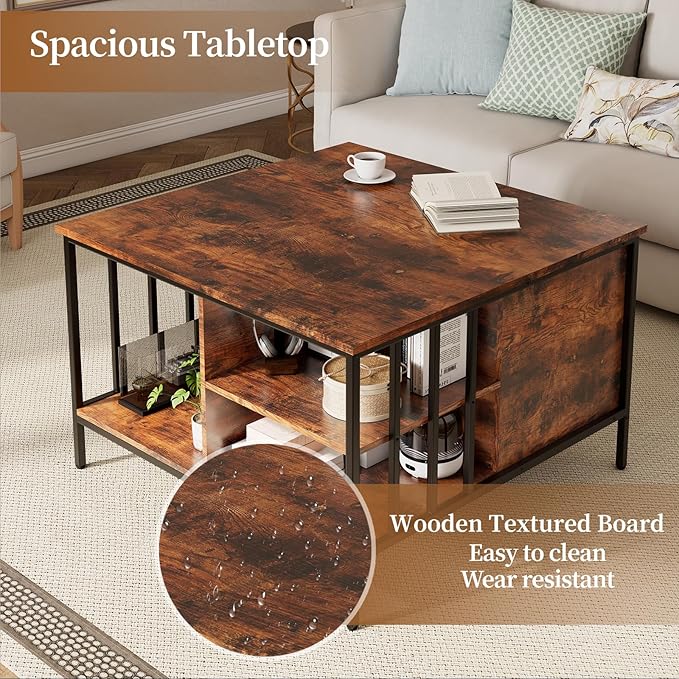 AQY 32.4" Lift Top Coffee Table with Storage, Square Coffee Tables for Living Room, Modern Farmhouse Heavy Duty Coffee Table with Large Hidden Compartment and Storage Shelves,Assembly Required