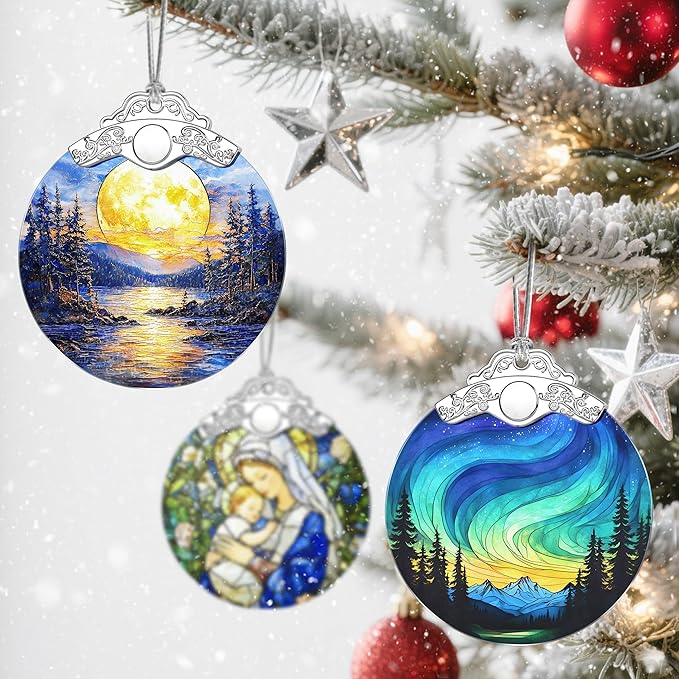 Christmas Ornaments: Stained Glass Ornament, Christmas Tree Ornament, Hanging Ornaments for Home Decor, Xmas Tree Decorations, Holiday Decor, Gift, Holiday Present - Full Moon Over Forest Lake