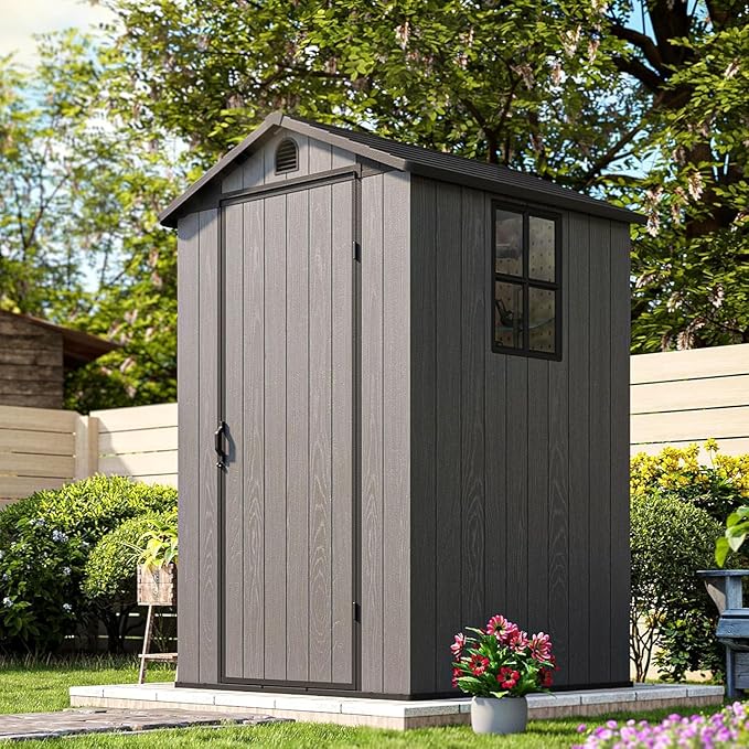 Patiowell 4 x 4 FT Plastic Outdoor Storage Shed with Floor, Garden Tool Shed with Two Windows and Single Lockable Door for Garden, Backyard, Lawn, Easy to Install, Dark Grey