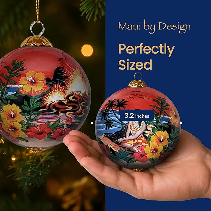 Collectible Hawaiian Glass Ornament Hand-Painted with Volcano and More with Gift Box VS/H