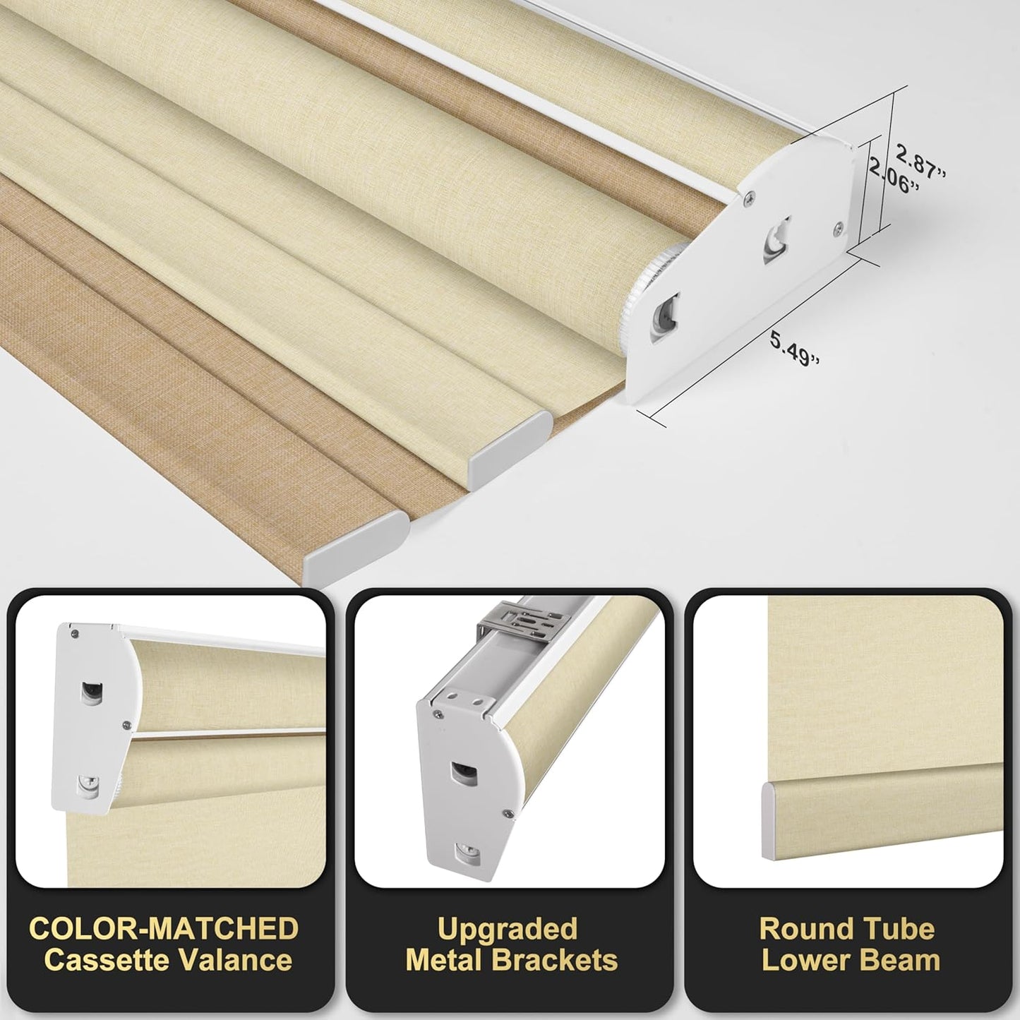 BERISSA Cordless Dual Roller Shades with Cassette Valance, Double Window Shades - Blackout and Light Filtering - Day and Night - Linen Beige, 40 W x 36" H