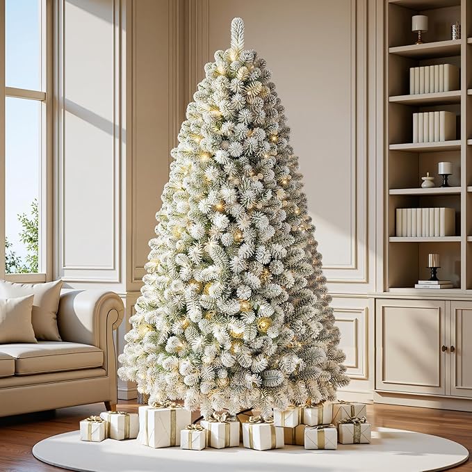 6 FT Prelit Snow Flocked Christmas Tree, Artificial Spruce Christmas Tree with 250 Warm White LED Lights, 850 PVC Branch Tips, Easy Assembly/Metal Stand/Hinged Branches Decoration