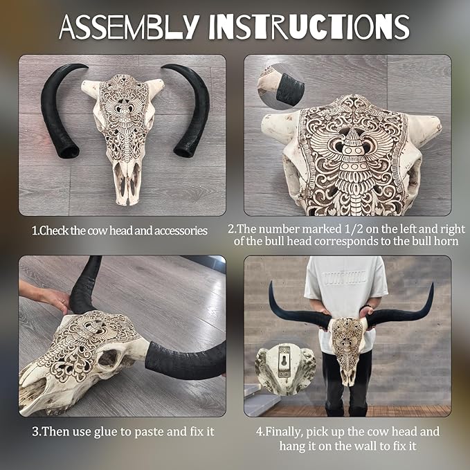 Cow Skull Wall Decor,Long Horn Cow Skull Wall Hanging,Cow Skull Wall Hanging Decor,Faux Taxidermy Head Wall Decor,Simulation Large Bull's Head Boho Style,Decor Wall Sculpture for Home Office (White)