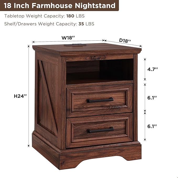 ACCOHOHO 18" Farmhouse Nightstand with Charging Station,End Table with 2 Drawers Storage,Side Table,Bedside Cabinet for Bedroom,Living Room,Brown