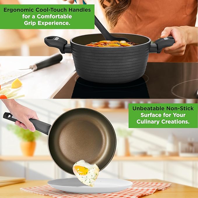 NutriChef Metallic Ridge Line Nonstick Cooking Kitchen Cookware Pots and Pan Set with with Lids and Utensils, 12 Piece Set, Gray