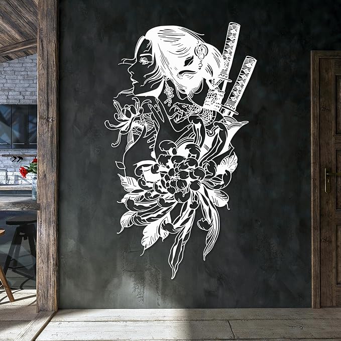 SZI Japanese Geisha Metal Wall Art, Asian Woman Design, Traditional Japanese & Asian Wall Decor for Living Room, Bedroom, or Cultural Home Decor (Silver, 41"x25"|105x62cm)